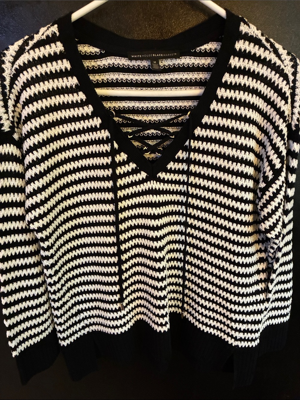 White House Black Market Black & White Striped V Crochet Lace Up Sweater Cotton